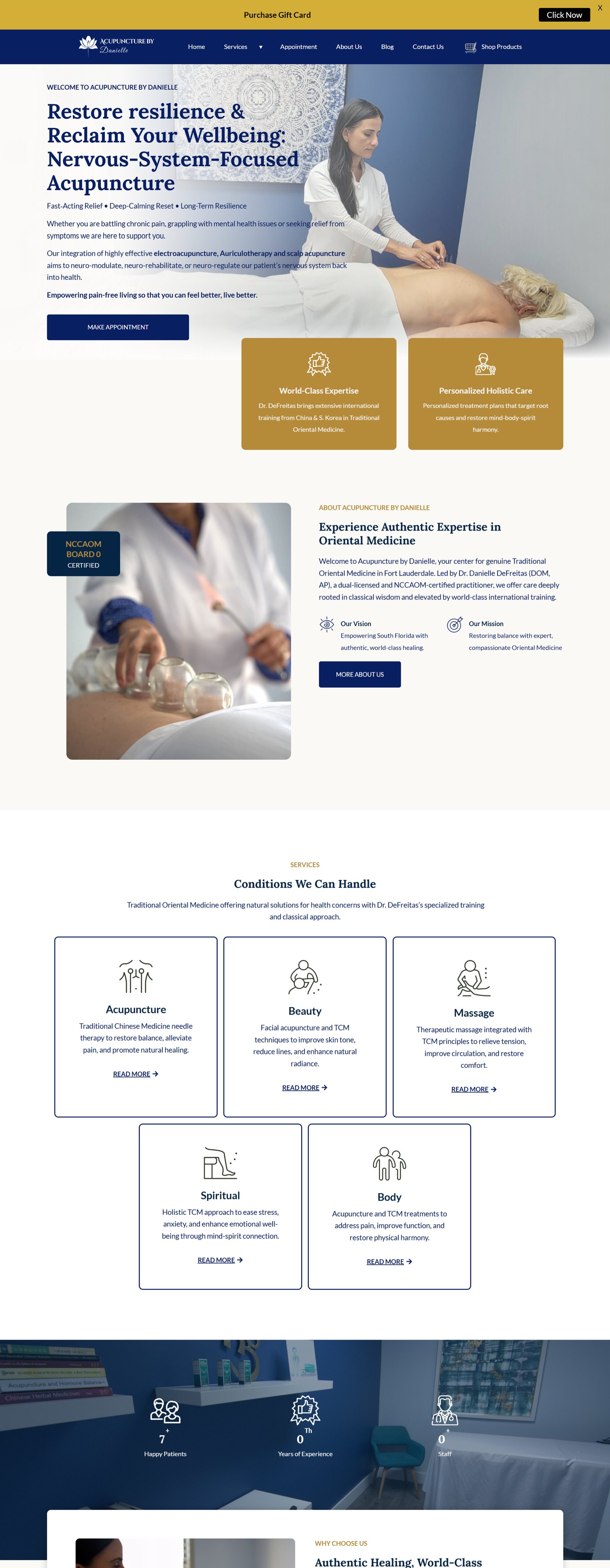 The redesigned Acupuncture by Danielle homepage on desktop, a navy and gold hero reading Restore Resilience and Reclaim Your Wellbeing with a single Make Appointment button